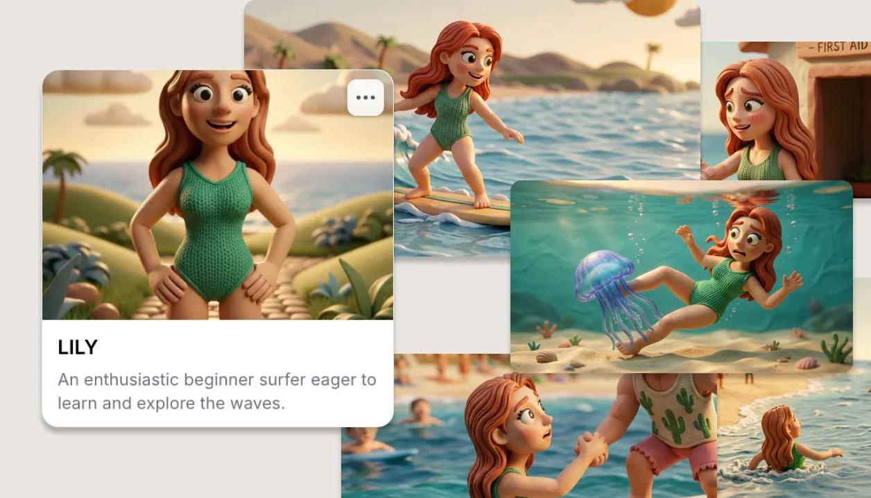 A character card from the cast beside shots where the same character appears