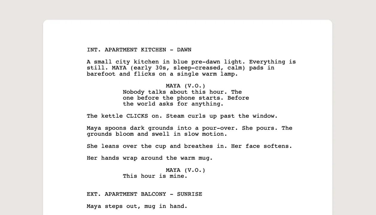 A screenplay page formatted for export