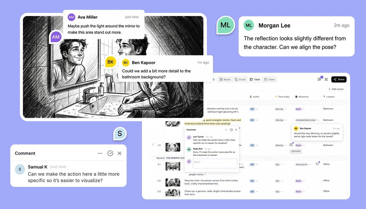 A team edits the same storyboard live, with comments across board and table views