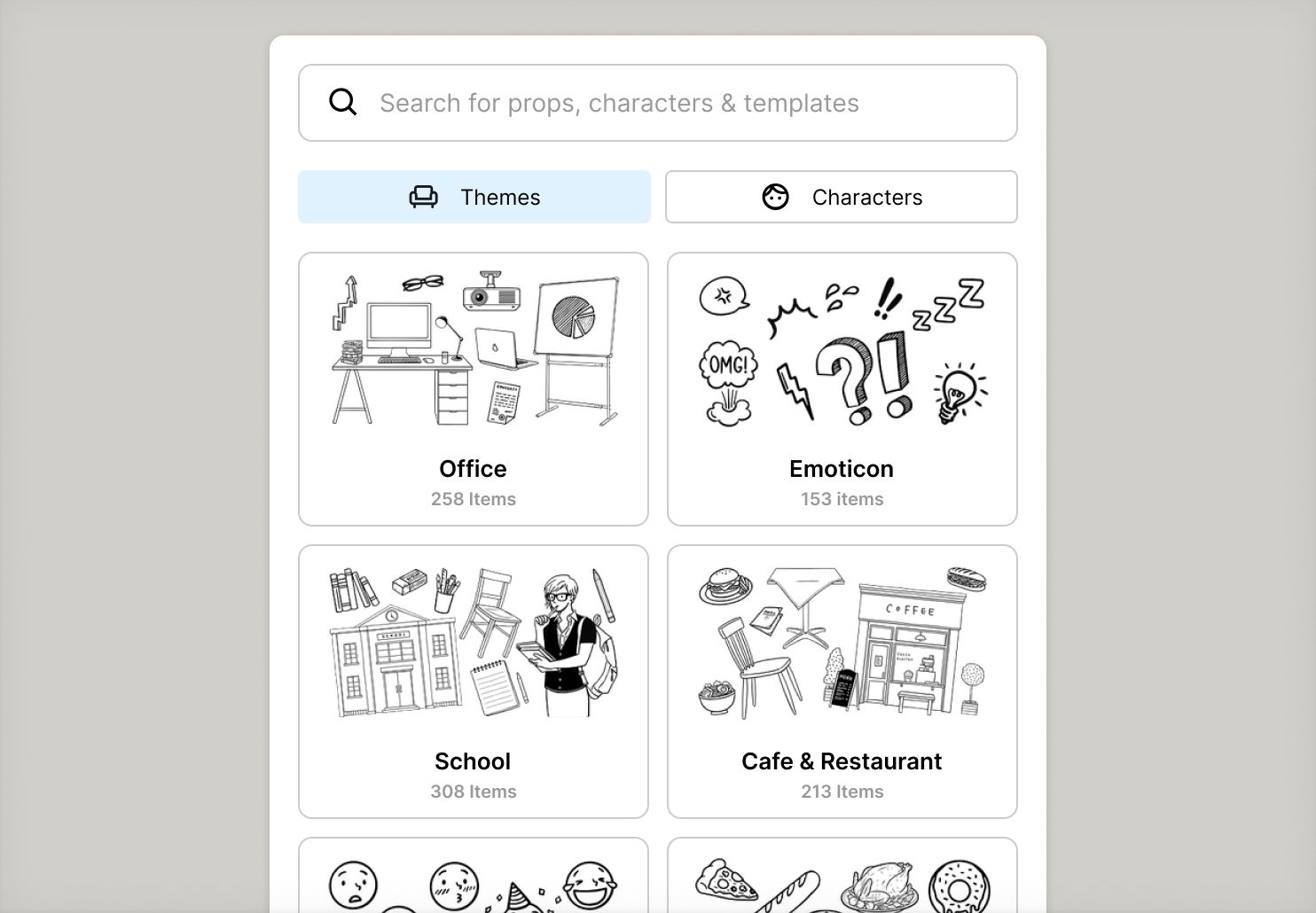 StoryTribe search panel showing props, characters, and templates.