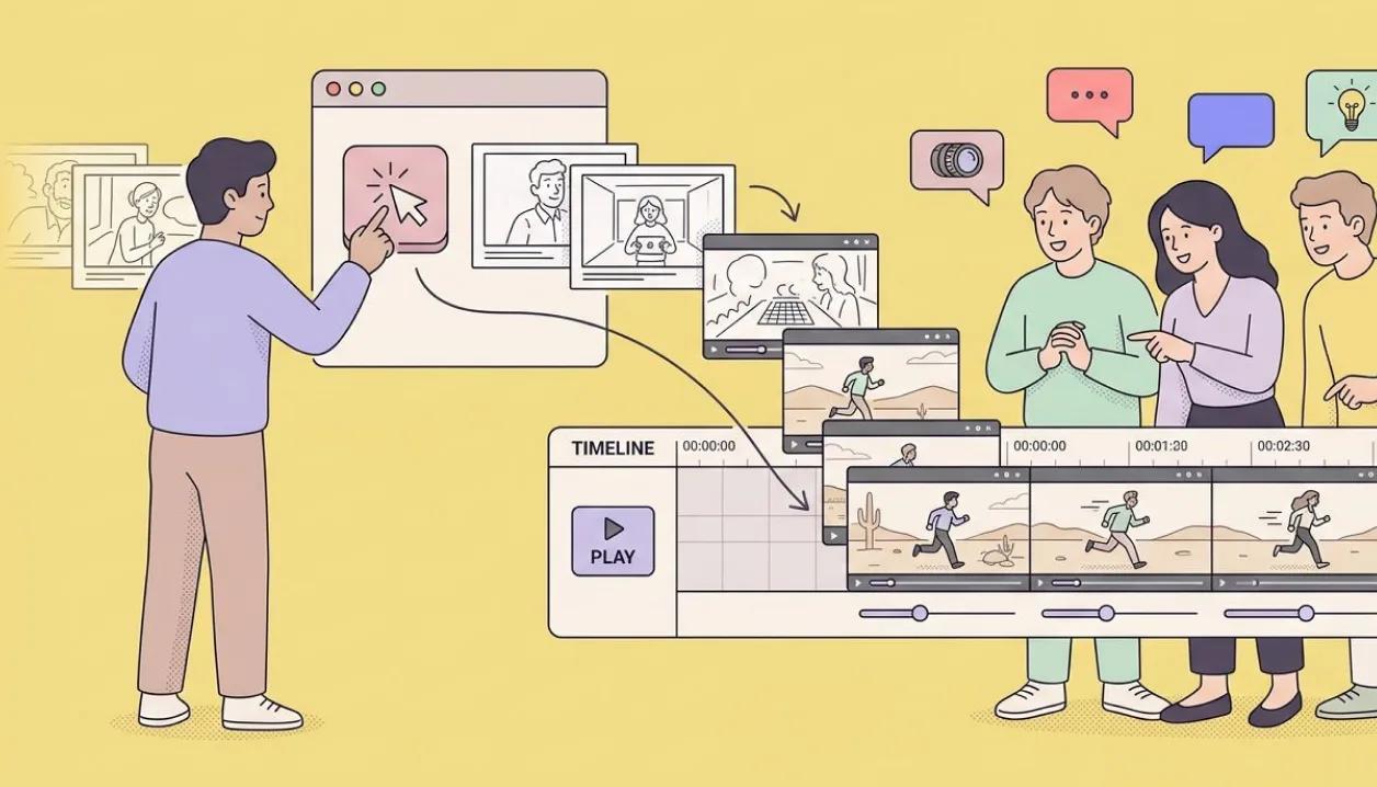 One click turns storyboard frames into clips on a timeline