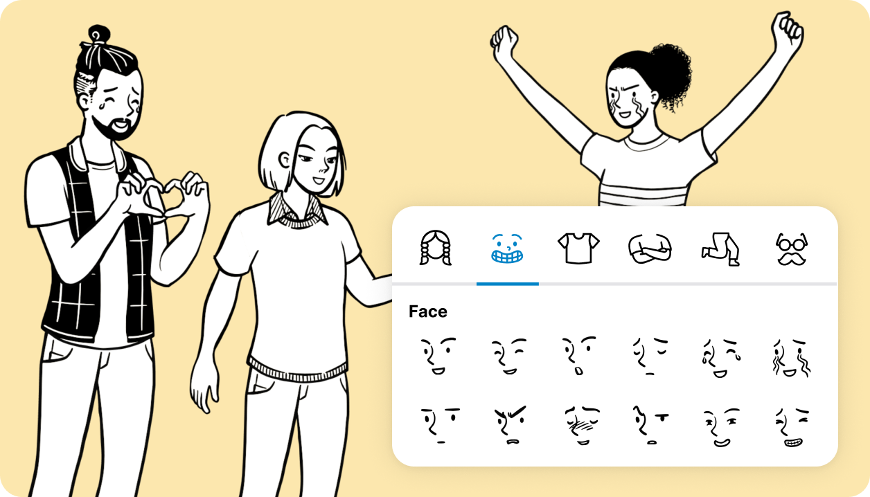 StoryTribe's character editor feature showing emotion options like happy, sad, and angry for a character.