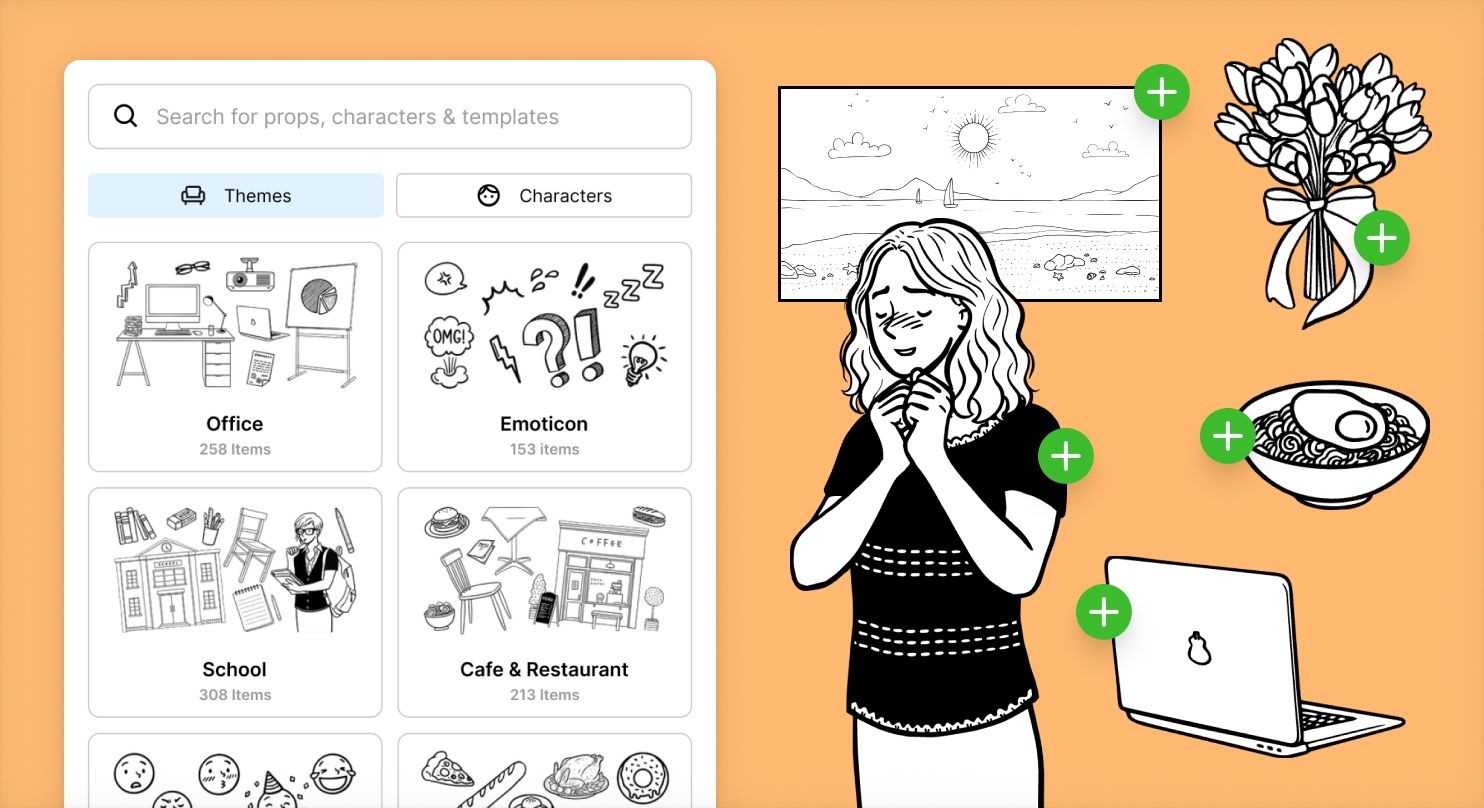 StoryTribe search interface for finding characters and props from the asset library.