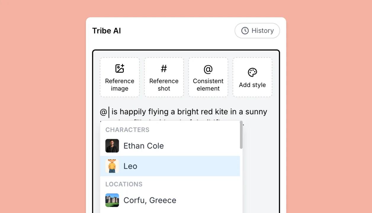 The Tribe AI prompt with an @ mention menu of characters and locations