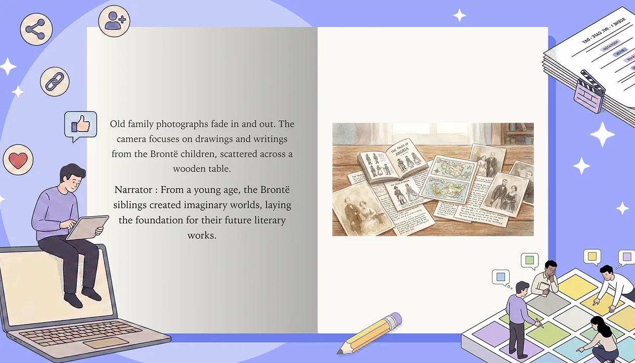 An illustrated book with a page mid-turn, script and storyboard pages around it