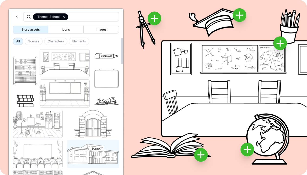 StoryTribe's asset library ranging from scenes, backgrounds and props