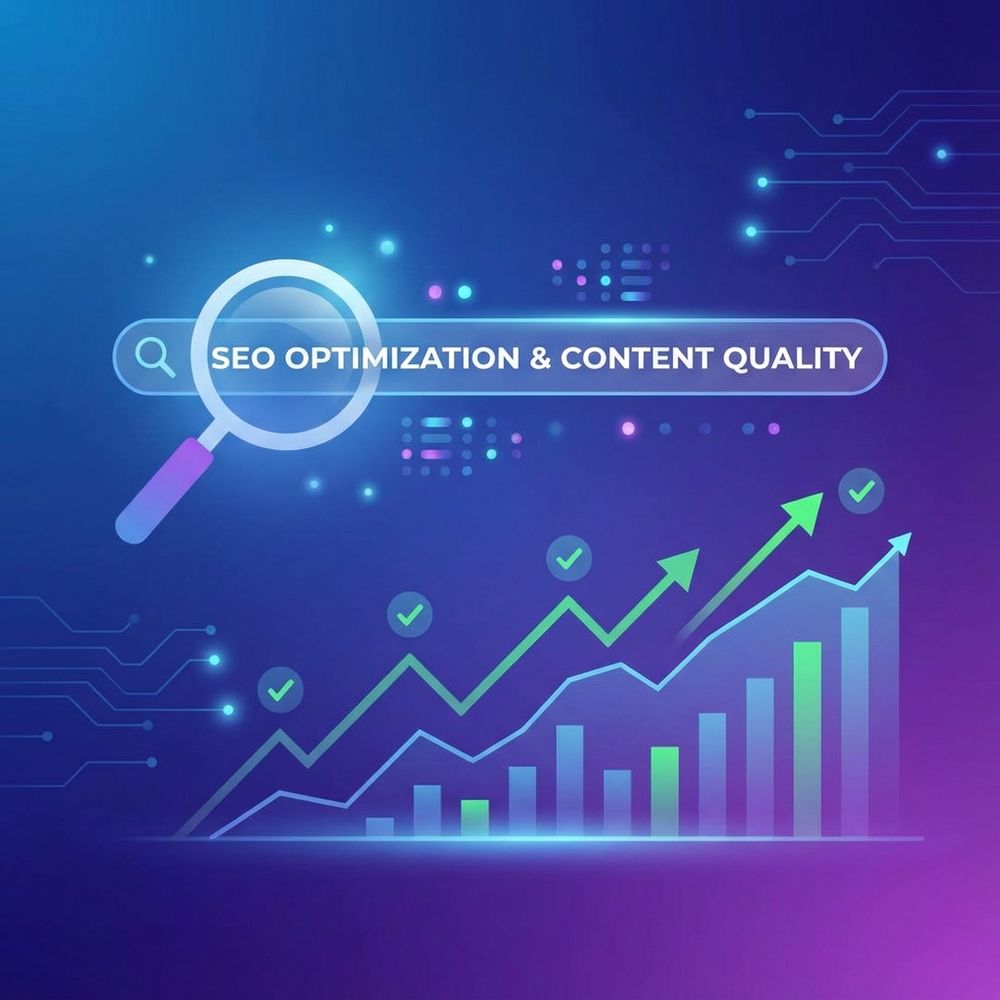 SEO optimization with magnifying glass and growth charts