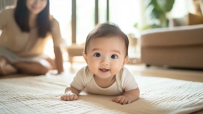 Bayi 6 bulan melakukan tummy time di karpet bersama ibu, tumbuh kembang bayi sehat di Bekasi