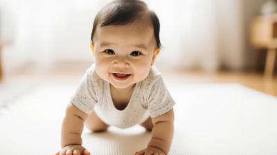 Bayi 9 bulan merangkak dengan senyum di atas play mat putih, tumbuh kembang bayi sehat