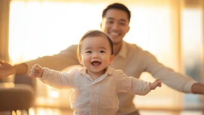 Bayi 12 bulan berdiri dengan gembira didampingi ayah, milestone tumbuh kembang anak usia 1 tahun