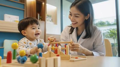 Dokter anak perempuan bermain dengan balita di klinik, memantau perkembangan dan tumbuh kembang bayi