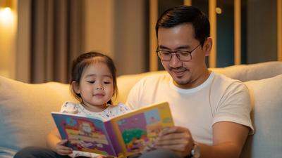 Ayah Indonesia membacakan buku cerita untuk anak di sofa, stimulasi bahasa untuk mencegah speech delay pada anak