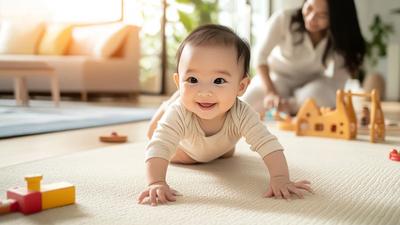 Bayi 9 bulan merangkak aktif di karpet dengan mainan di sekitarnya, stimulasi tumbuh kembang klinik anak Bekasi