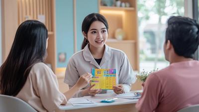 Dokter anak menunjukkan jadwal imunisasi berwarna kepada orang tua, konsultasi vaksin anak 1-2 tahun di klinik Bekasi