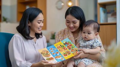 Dokter gizi anak menunjukkan panduan nutrisi kepada ibu yang menggendong bayi, konsultasi berat badan bayi di klinik Bekasi
