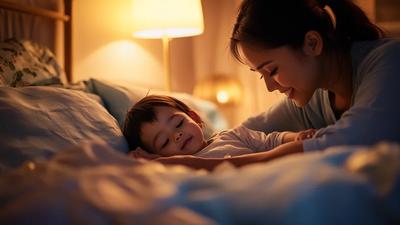 Ibu menidurkan bayi di tempat tidur dengan lampu tidur menyala, tips sleep training bayi dari dokter Bekasi