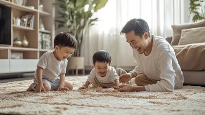 Ayah bermain bersama bayi dan balita di karpet, membangun bonding dan attachment yang kuat sejak dini