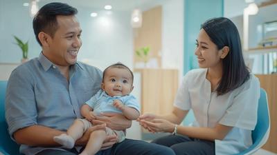 Orang tua membawa bayi konsultasi catch-up imunisasi ke dokter spesialis anak di klinik Bekasi