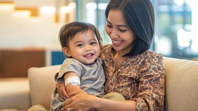 Ibu dan bayi tersenyum setelah imunisasi, plester vaksin terlihat di lengan bayi, klinik anak Bekasi