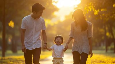 Keluarga muda Indonesia berjalan bersama balita di taman, aktivitas harian yang mendukung tumbuh kembang bayi optimal
