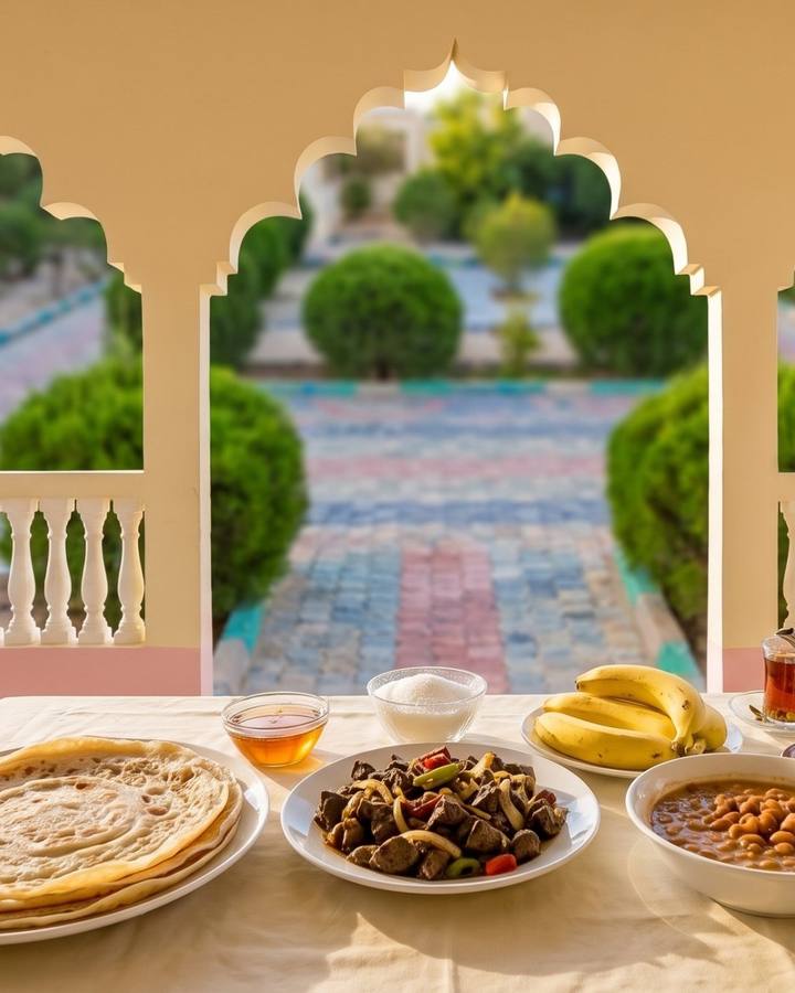 Somali breakfast served on the arched veranda.