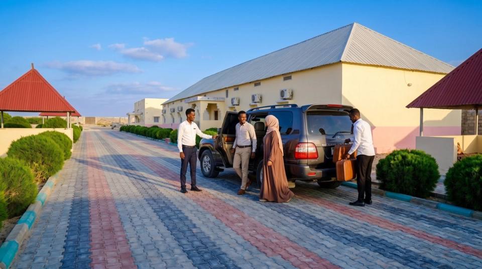 Hotel staff welcome guests arriving by car.