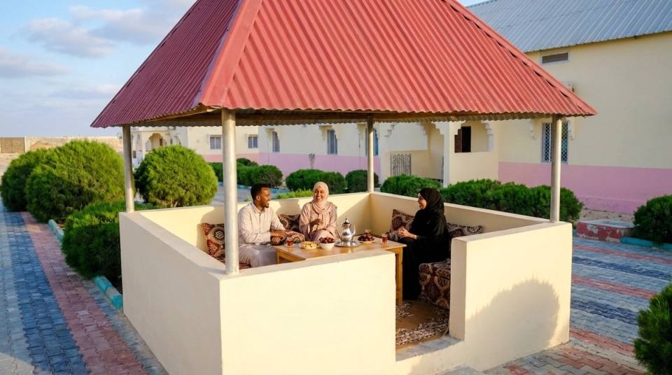A family shares tea in the garden pavilion.