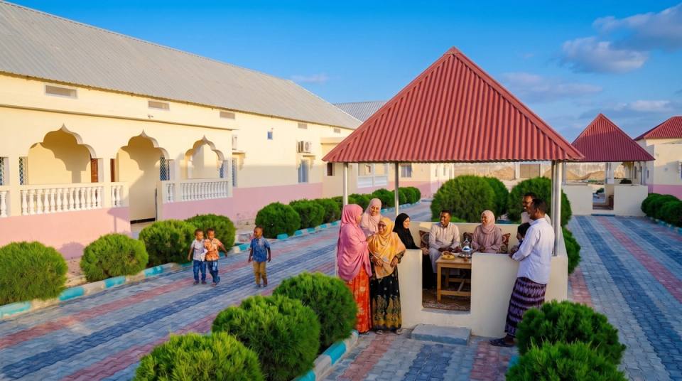 A family gathered in the hotel courtyard by the pavilion.