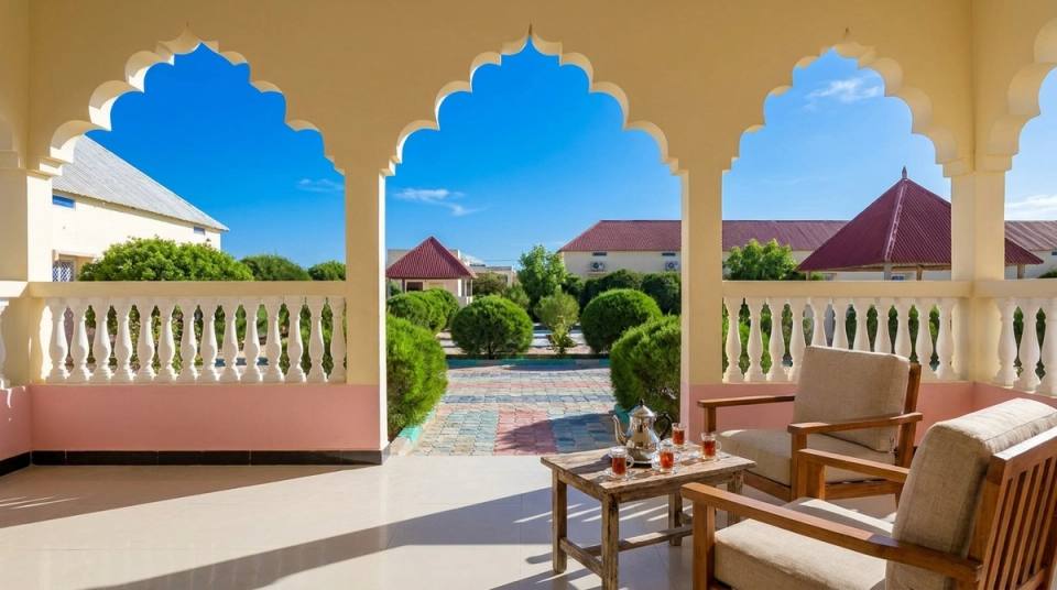 A shaded veranda with armchairs and tea, looking out through arches to the hotel garden.