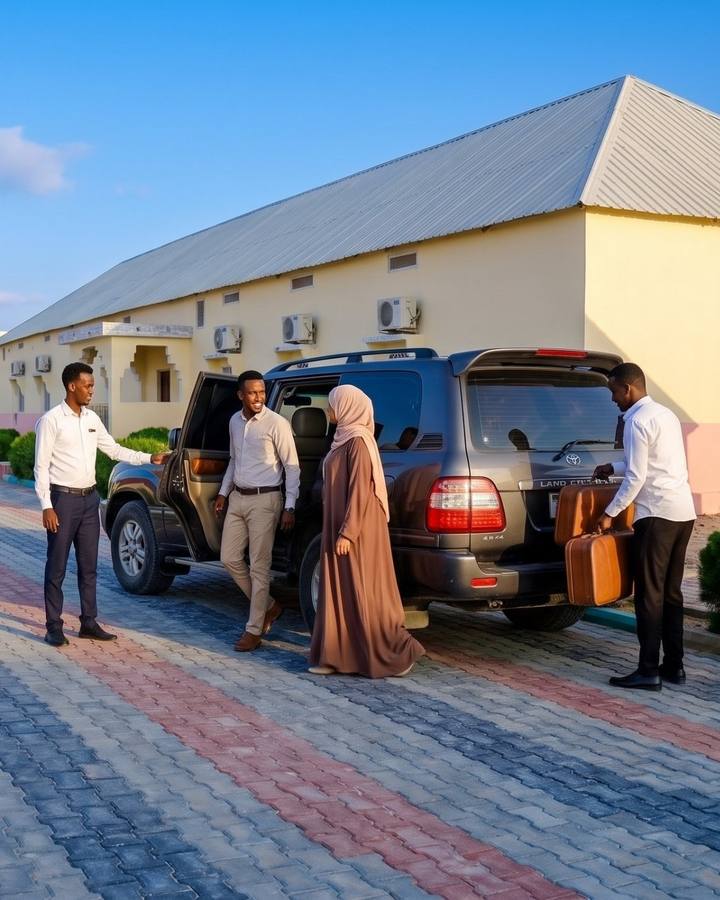 Hotel staff welcome guests arriving by car.