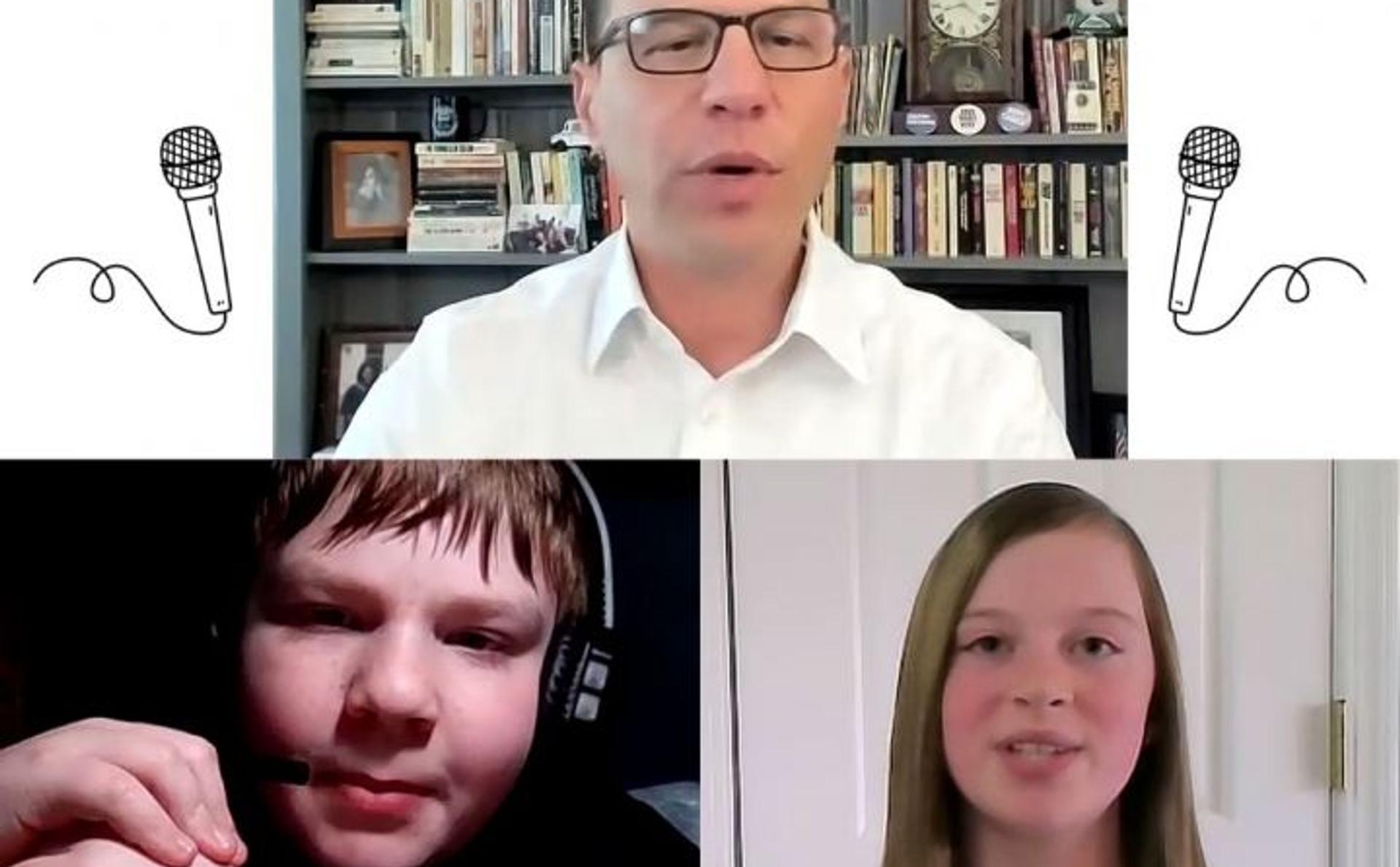 A screen capture of the online town hall showing students Carter and Georgia with Governor Shapiro. Each person is tuning in from their own computers.