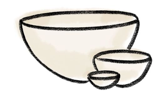 A simple crayon drawing of 3 bowls in tiny, medium, and large sizes with a watercolor wash in a warm off-white color