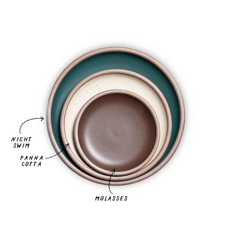 A stack of 3 plates in Dinner, Side, and Cake sizes in a dark teal, warm off-white, and dark brown colors.