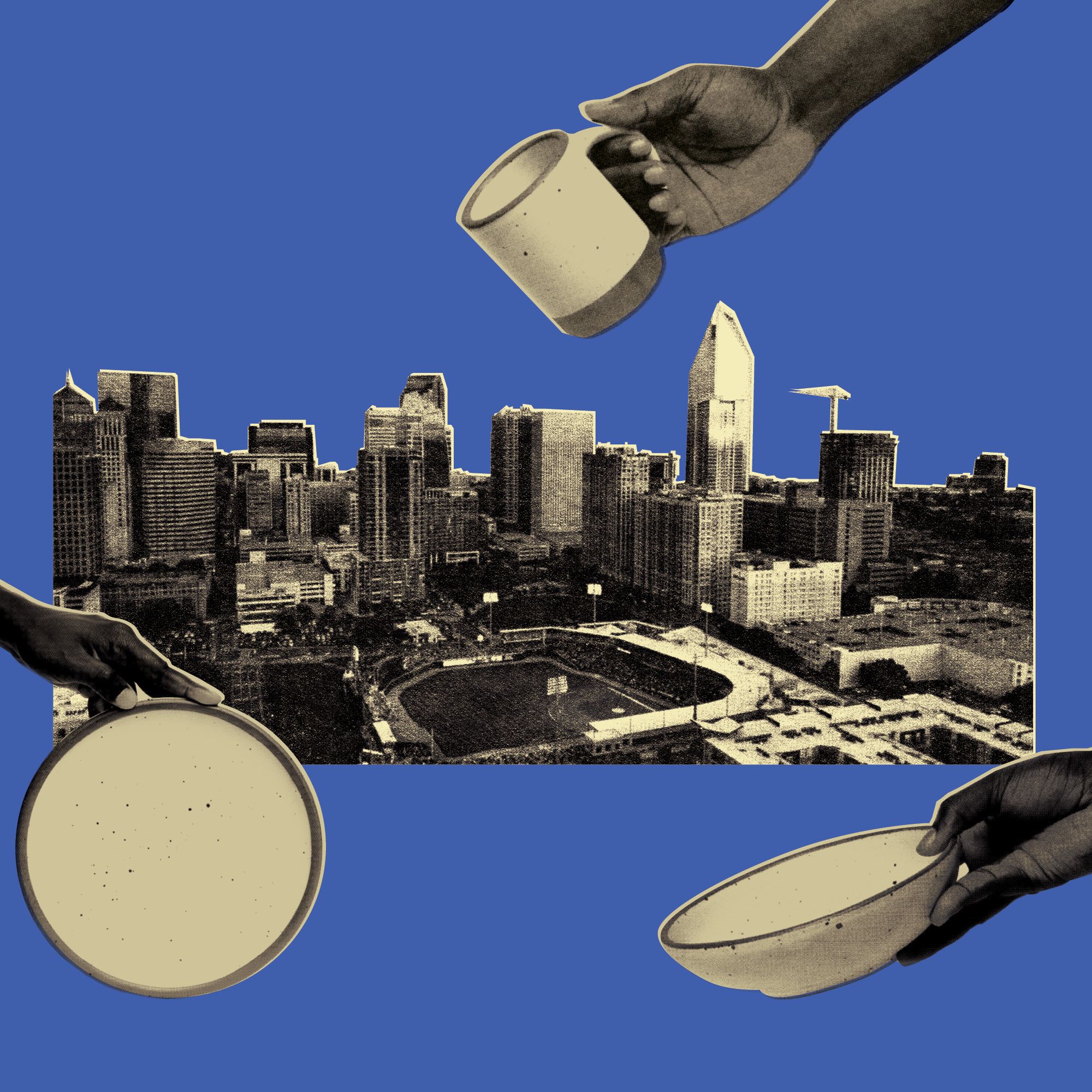 A black and white collage featuring a city landscape of Charlotte North Carolina, and three hands holding a bowl, a plate, and a mug. All against a blue background.