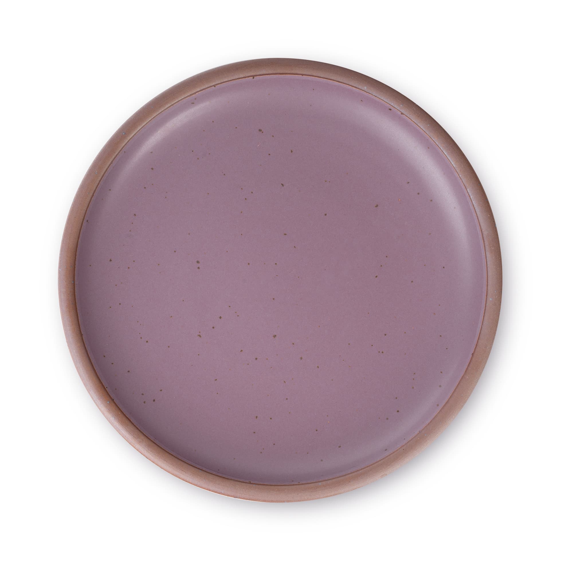 A large ceramic platter in a soft mauve purple color featuring iron speckles and an unglazed rim.