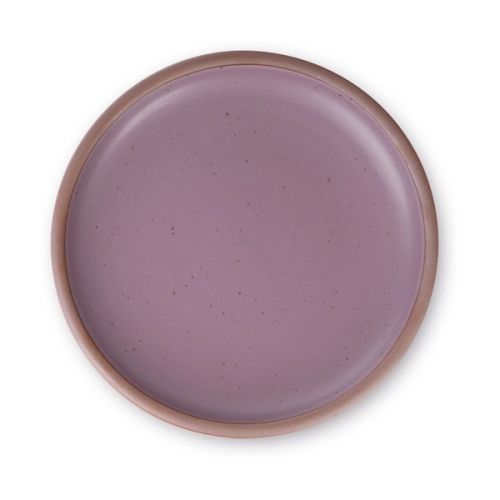 A large ceramic platter in a soft mauve purple color featuring iron speckles and an unglazed rim.