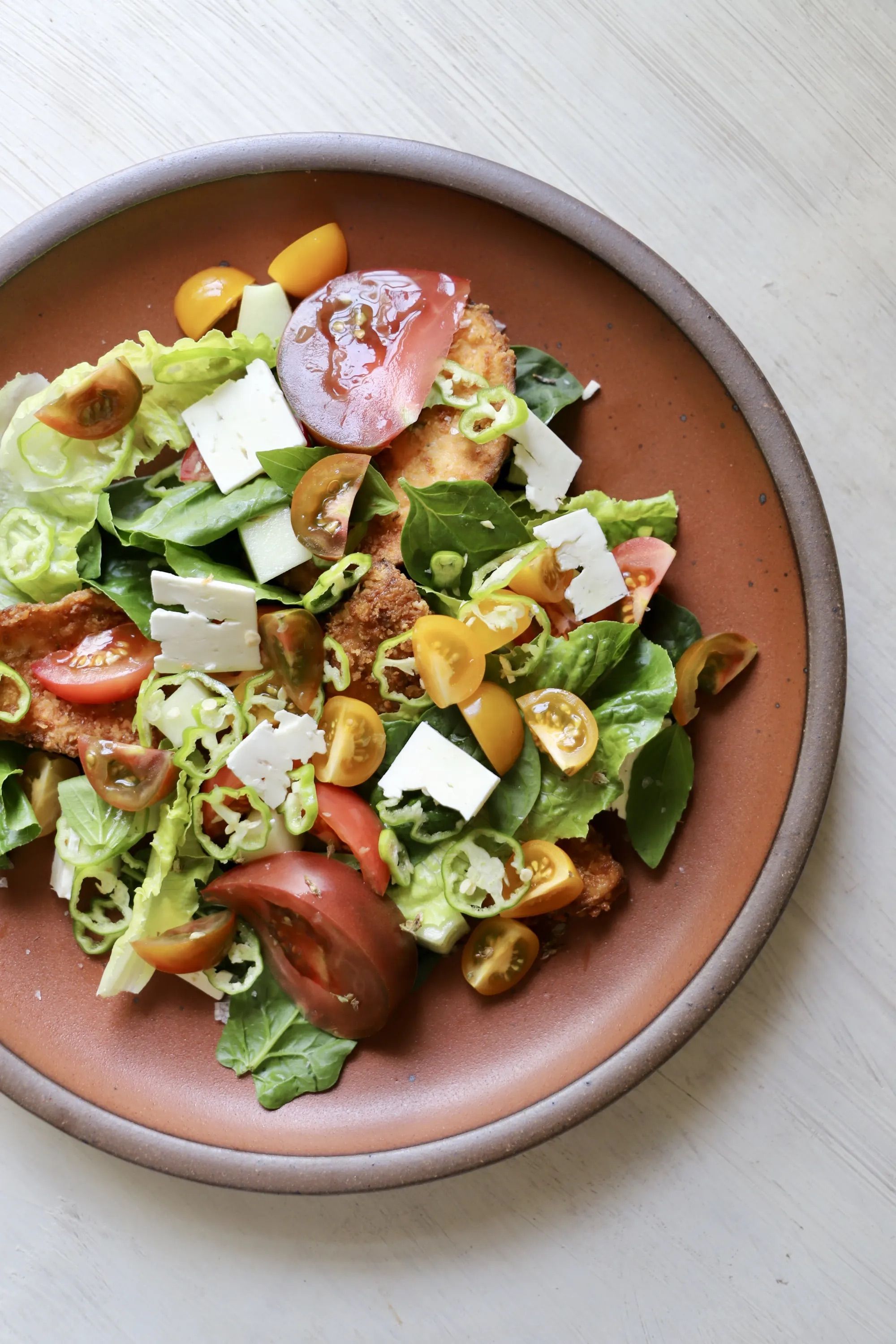 A colorful crispy eggplant salad is plated on a ceramic plate with terracotta color and an unglazed rim