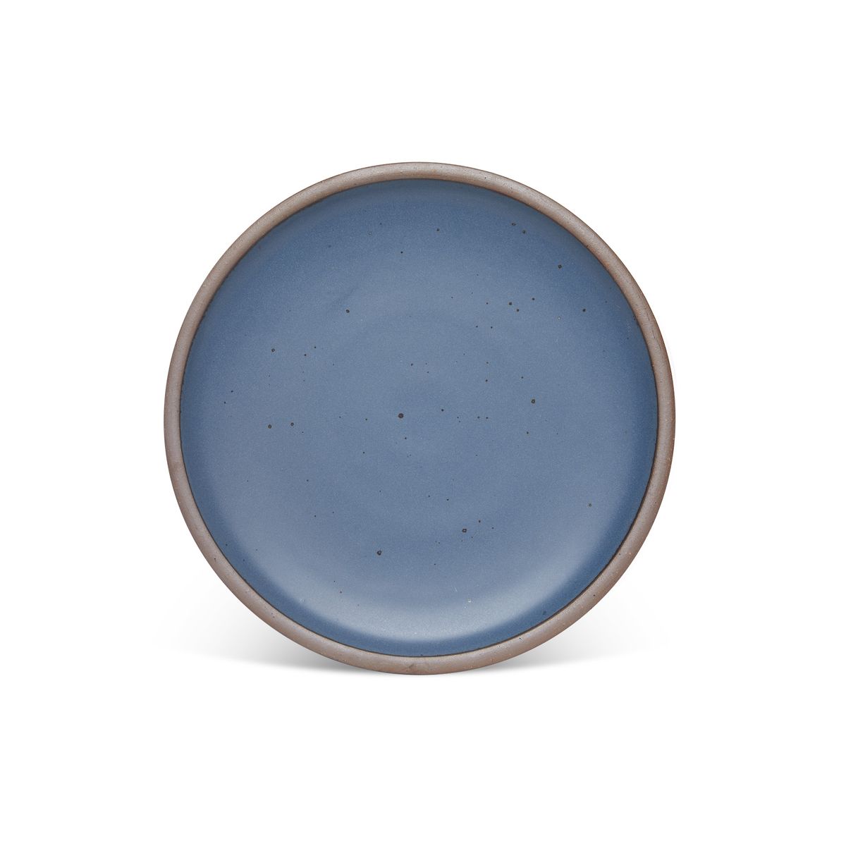 A dinner sized ceramic plate in a cool, medium blue color featuring iron speckles and an unglazed rim.