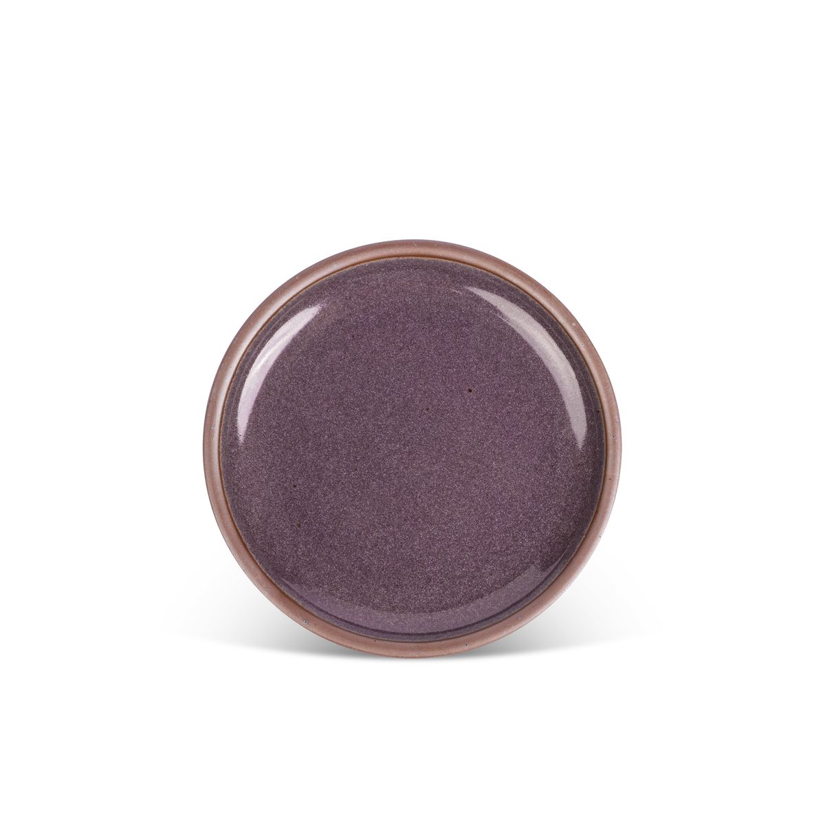 A medium sized ceramic plate in a purple color with a soft glowing sheen and an unglazed rim.