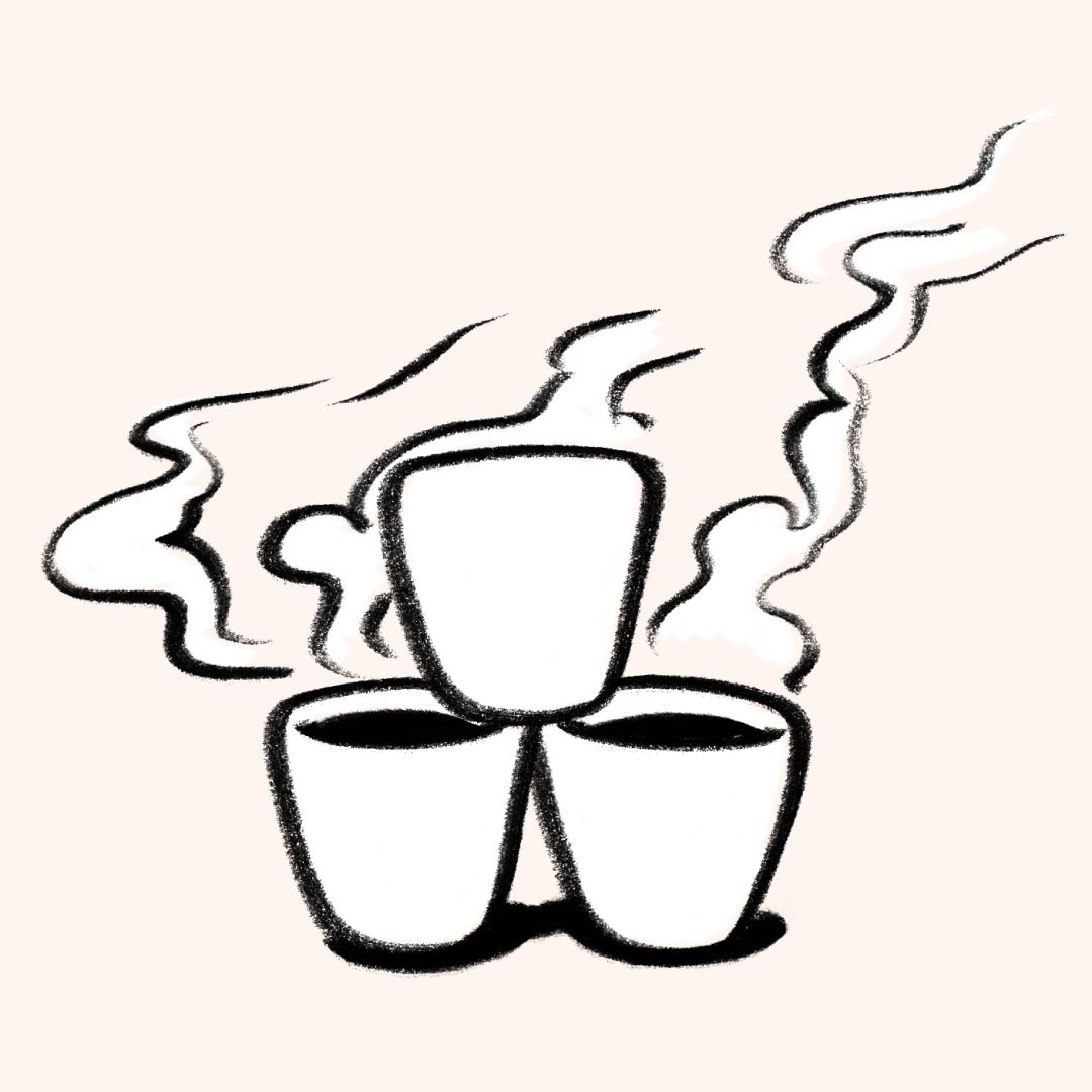 Three steaming cups of coffee stacked together in a simple black-and-white illustration.