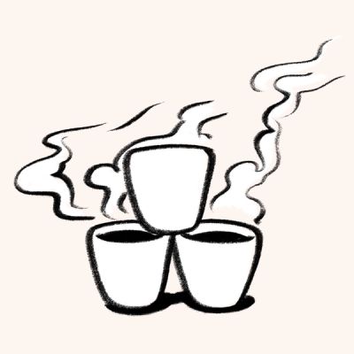 Three steaming cups of coffee stacked together in a simple black-and-white illustration.
