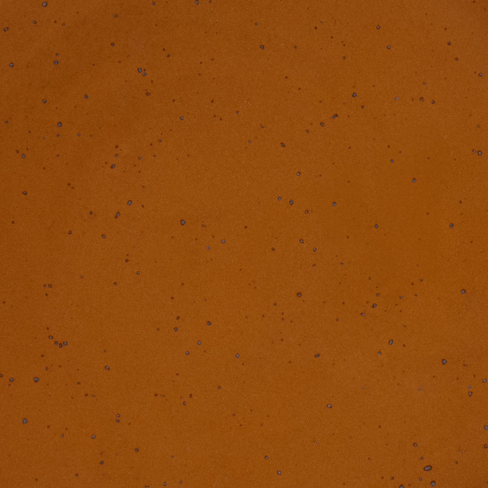 A closeup of a ceramic plate in a glossy caramel brown color with iron speckles throughout