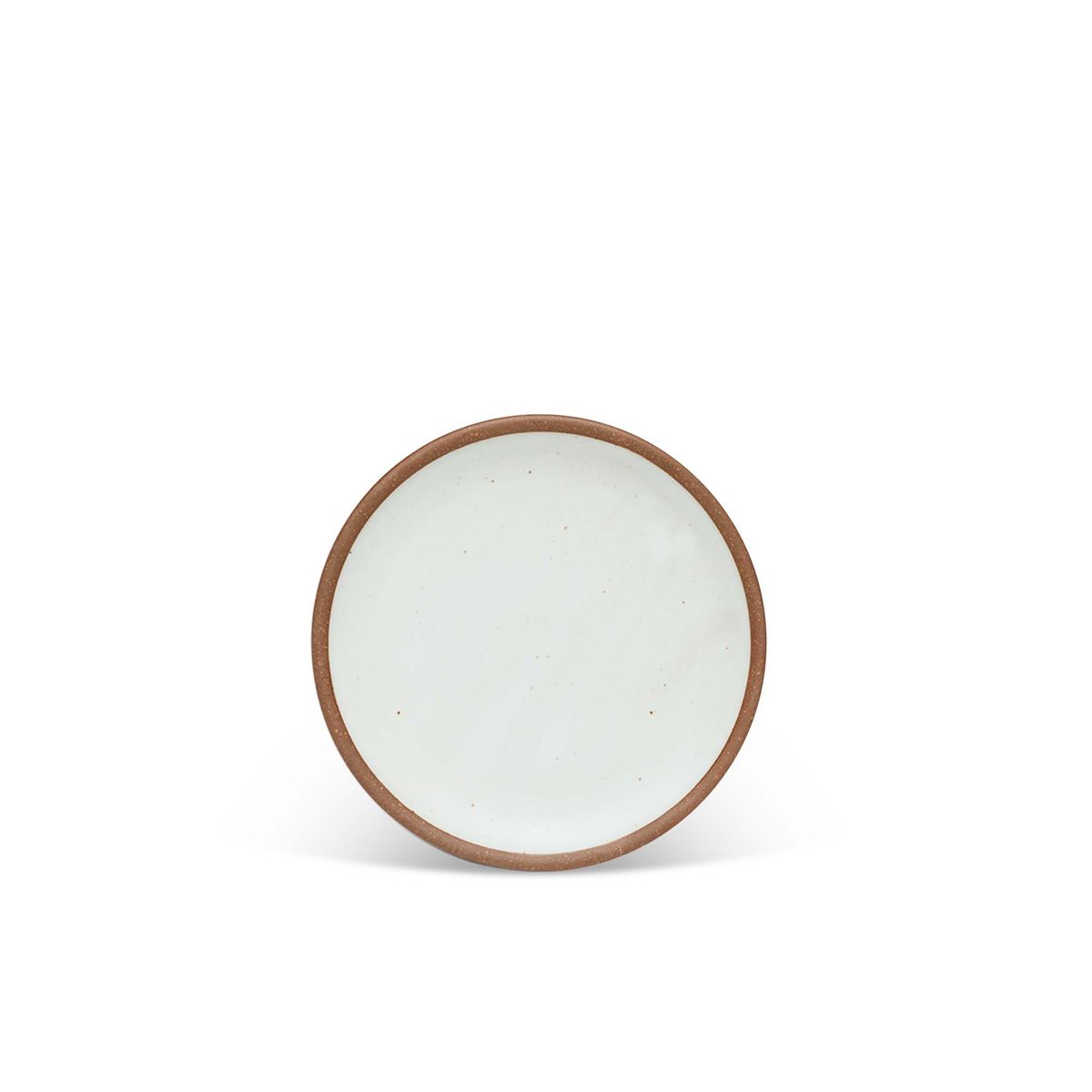 A dessert sized ceramic plate in a cool white color featuring iron speckles and an unglazed rim.