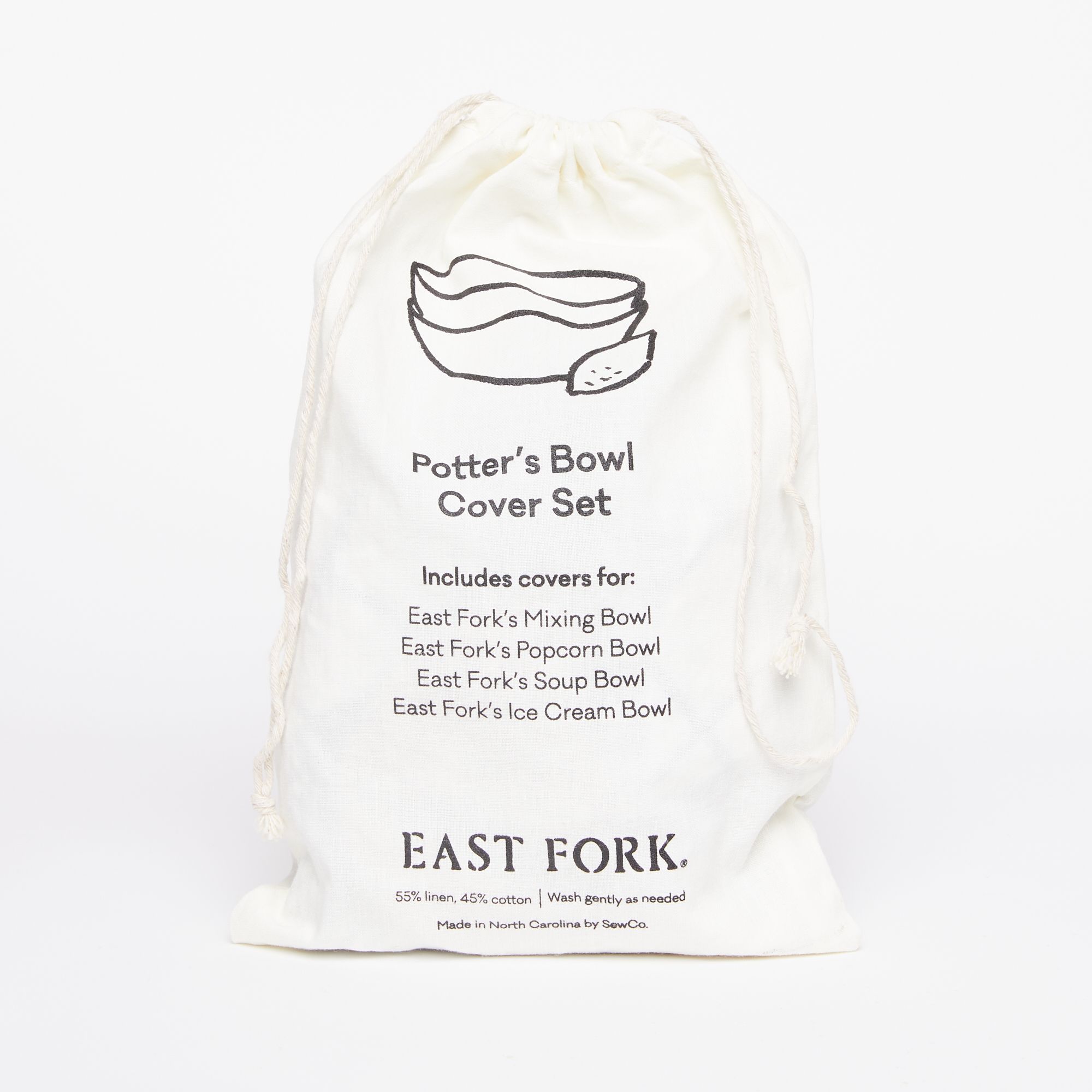 White linen drawstring bag that says Potter's Bowl Cover Set with product details