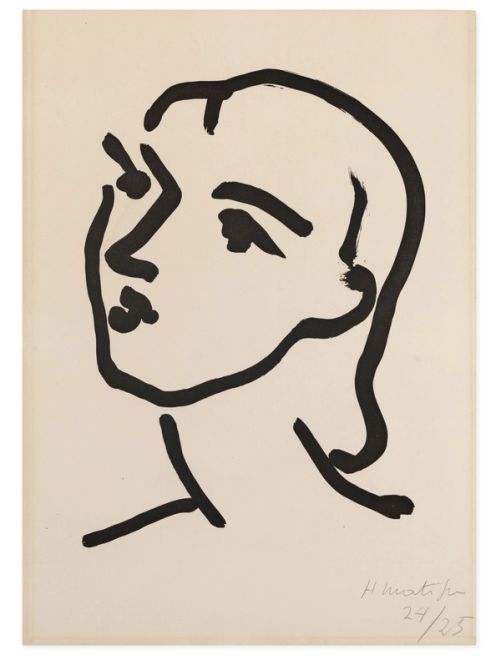 Original artwork, Nadia aux cheveux lisses, by Henri Matisse. A minimalist black ink painting of a woman's face and neck in profile, facing left, in an abstract, expressive style on an off-white background.
