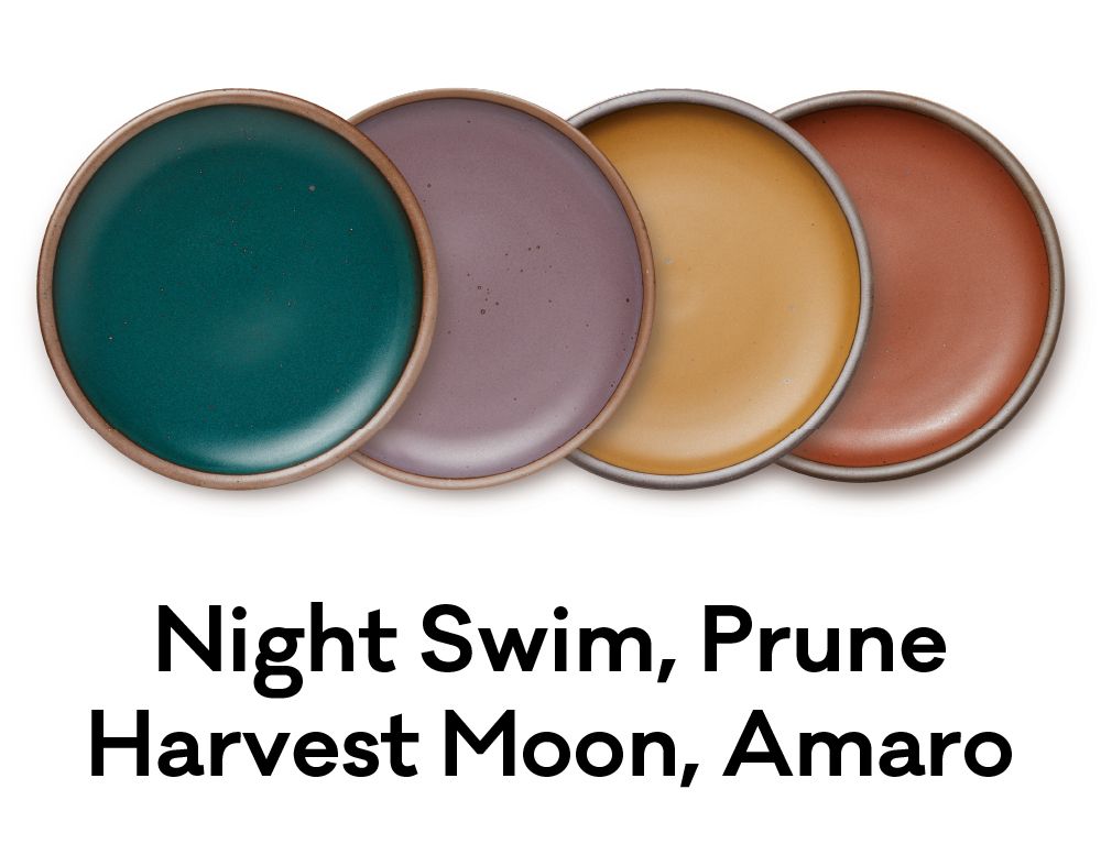 Four plates in a moody palette of dark green, prune, earthy orange, and a terra cotta red are positioned next to each other. Underneath, text reads: "Night Swim, Prune, Harvest Moon, Amaro"