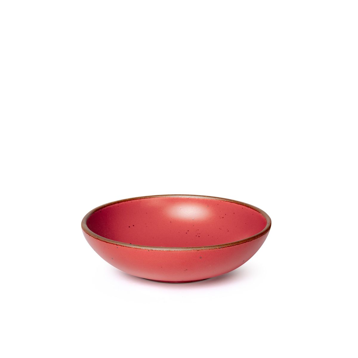A dinner-sized shallow ceramic bowl in a bold red color featuring iron speckles and an unglazed rim