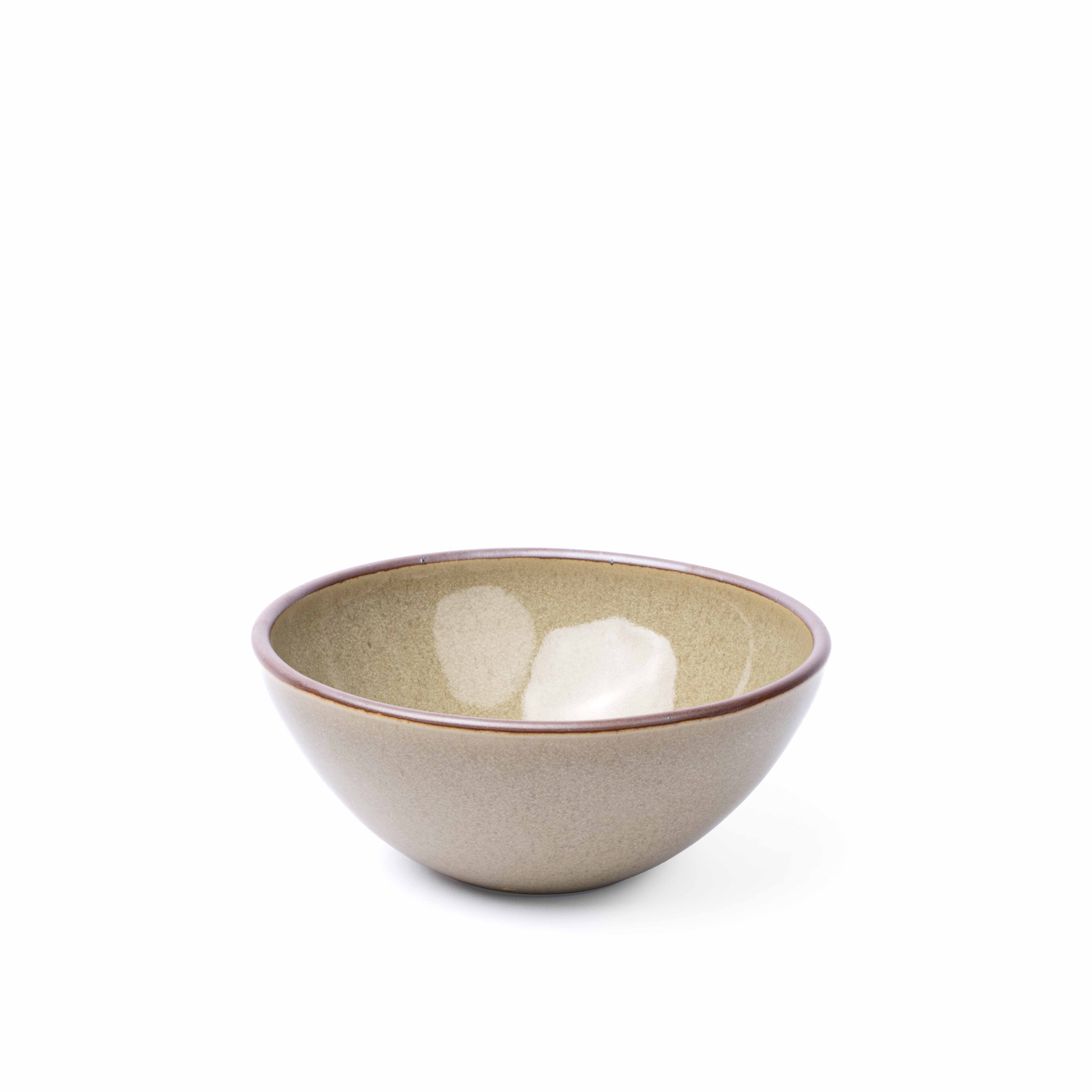 A medium rounded ceramic bowl in a reflective dappled grey-green color featuring an unglazed rim