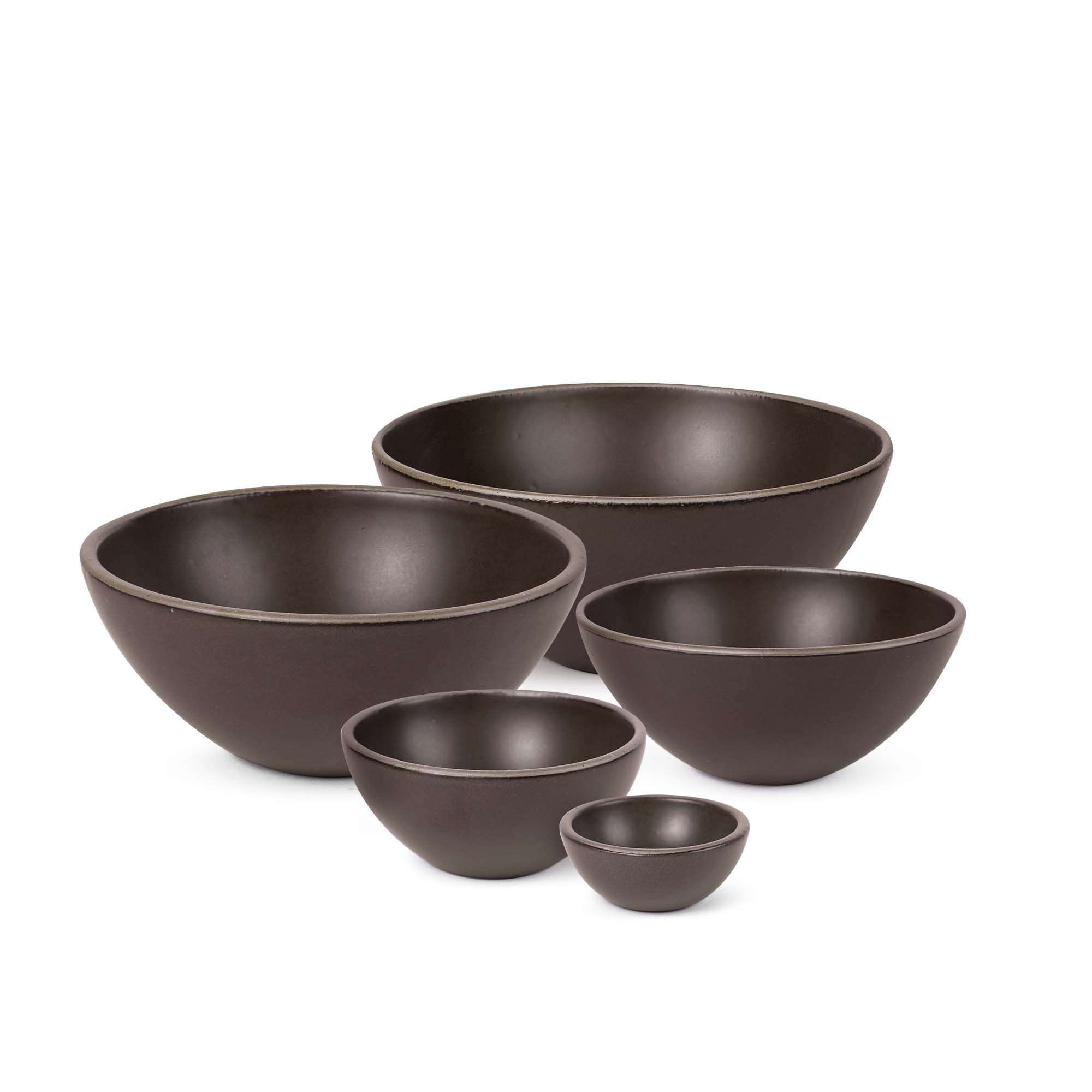A bitty bowl, ice cream bowl, soup bowl, popcorn bowl, and mixing bowl paired together in a dark cool brown color featuring iron speckles
