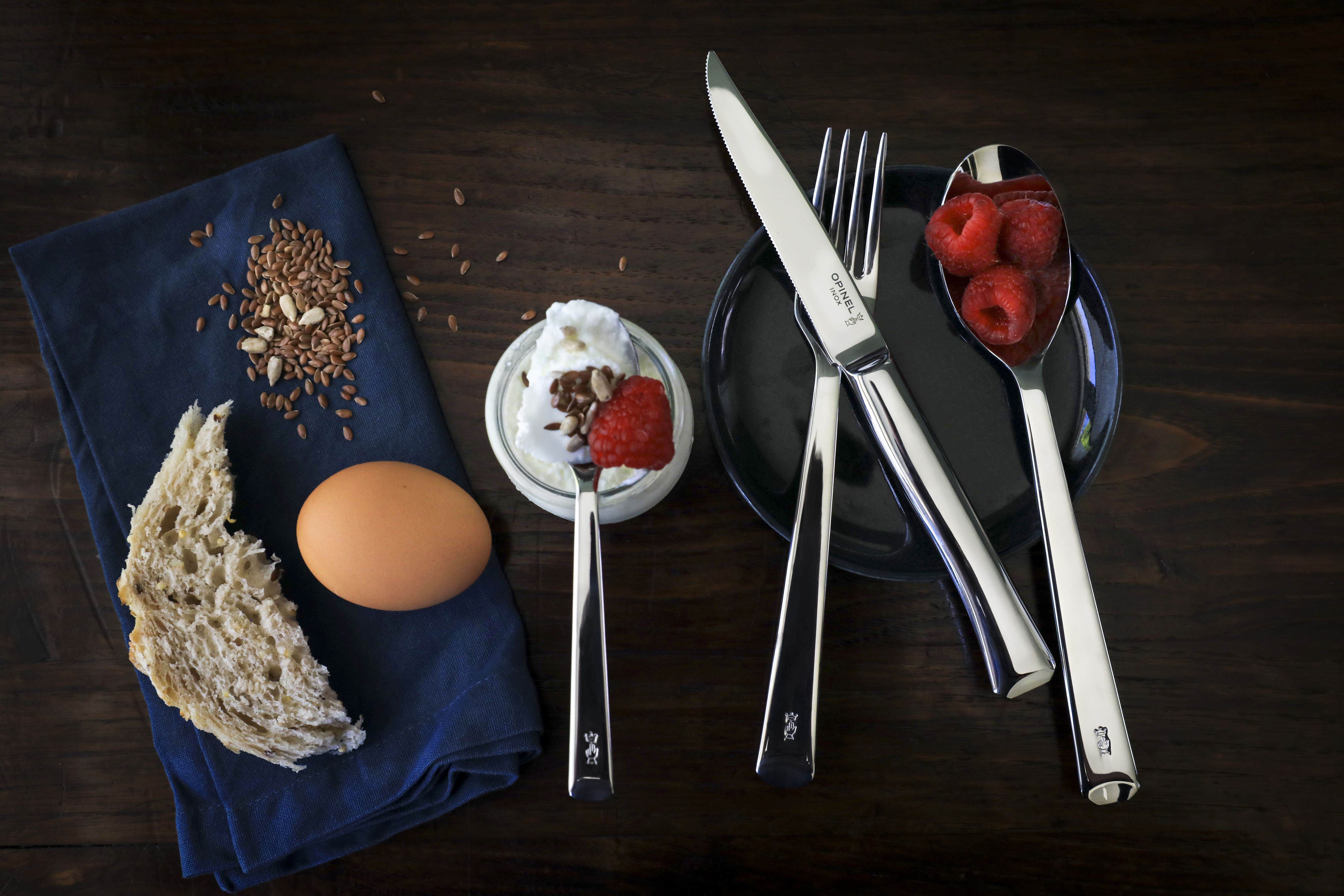 Opinel flatware set with toast, egg and berries